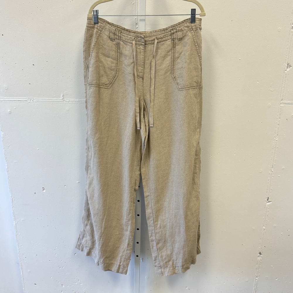 J. Jill Women's Geniune Fit Below Waist Oatmeal 100% Linen‎ Wide Leg Pants Sz 14